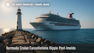A cruise ship enters a lighthouse-guarded harbor after Bermuda cruise cancellations, reflecting Canada and New England itinerary reroutes.