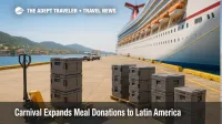 Dockside handoff of insulated meal carriers from a Carnival ship to local partners, illustrating the Carnival meal donation program's Latin America launch.