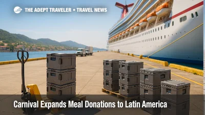 Dockside handoff of insulated meal carriers from a Carnival ship to local partners, illustrating the Carnival meal donation program's Latin America launch.