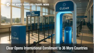 CLEAR lane and biometric eGate at a U.S. airport, illustrating faster screening after Clear international enrollment expansion.