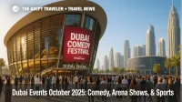 Crowds gather at Dubai Opera for Dubai Comedy Festival during Dubai events October 2025, with clear skies and evening show lighting.
