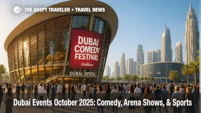 Crowds gather at Dubai Opera for Dubai Comedy Festival during Dubai events October 2025, with clear skies and evening show lighting.