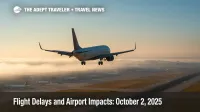 Single airliner descends over low coastal stratus toward a busy runway, illustrating flight delays and airport impacts for October 2.