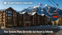 Four Seasons Telluride resort and residences beside the gondola with San Juan peaks in view, highlighting a ski-in/ski-out luxury setting.