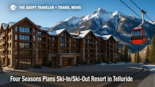 Four Seasons Telluride resort and residences beside the gondola with San Juan peaks in view, highlighting a ski-in/ski-out luxury setting.