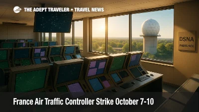 A wide view of a French air traffic control operations room, illustrating Eurocontrol reroutes during a France air traffic control strike.