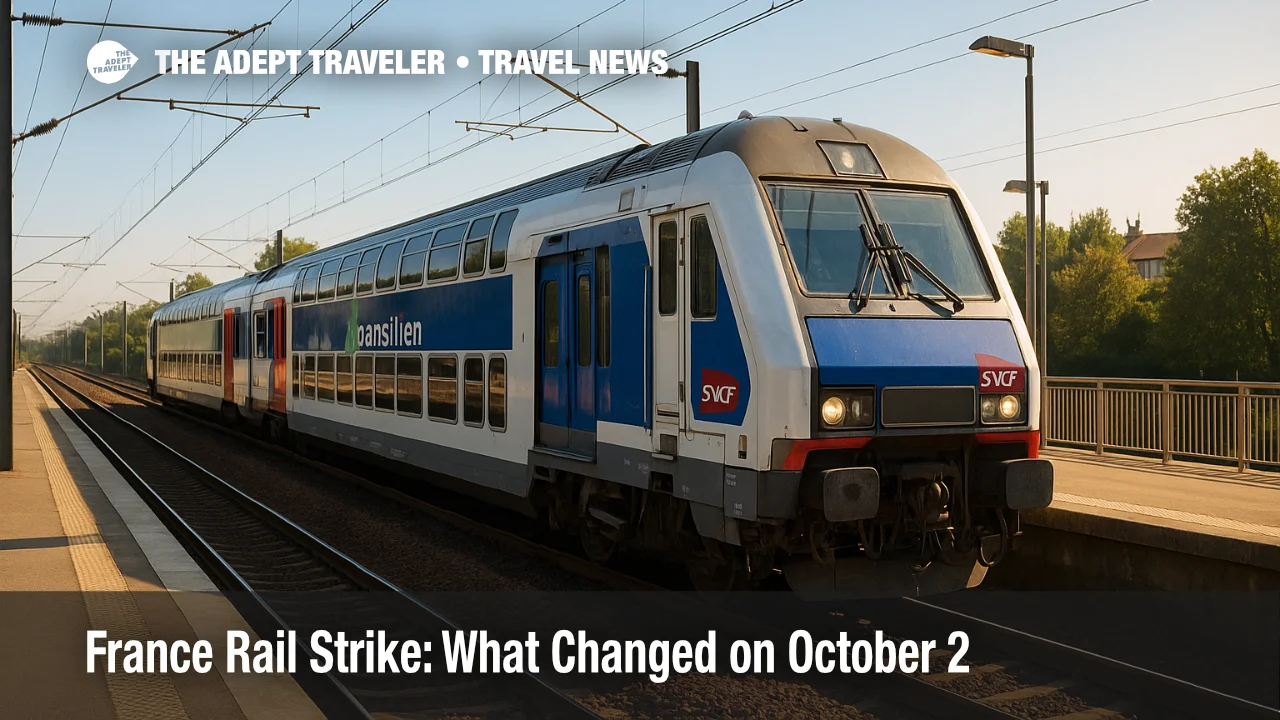 A Transilien commuter train arrives in Île-de-France during the France rail strike as Paris demonstrations cause bus detours and brief station crowding.