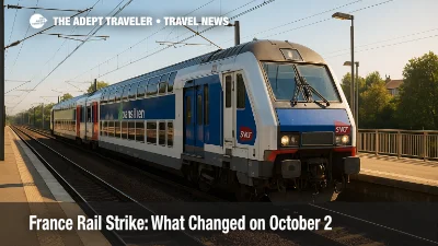 A Transilien commuter train arrives in Île-de-France during the France rail strike as Paris demonstrations cause bus detours and brief station crowding.