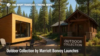 A modern cabin and boutique lodge entrance amid pines, illustrating the Outdoor Collection by Marriott Bonvoy and the Marriott Bonvoy Outdoors launch.