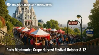 Visitors gather around tasting stalls near Sacré-Cœur during the Montmartre grape harvest festival, with views over Paris and Métro access nearby.