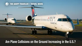 Two Delta Connection regional jets paused on a LaGuardia taxiway, illustrating ground-safety procedures amid questions about plane collisions on the ground.