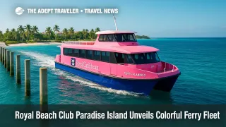 A bright Bahamian ferry approaches Paradise Island's pier, carrying guests to Royal Beach Club Paradise Island with an all-inclusive beach-day experience.