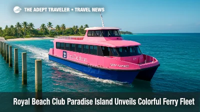 A bright Bahamian ferry approaches Paradise Island's pier, carrying guests to Royal Beach Club Paradise Island with an all-inclusive beach-day experience.