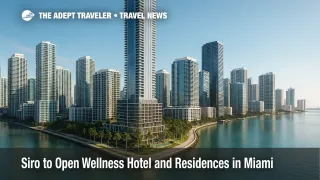 Brickell skyline and waterfront promenade with a conceptual Siro Miami wellness hotel tower, highlighting branded residences and fitness amenities.