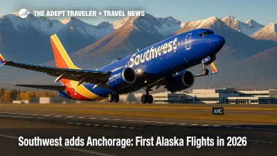 Southwest Boeing 737 departs Anchorage with Chugach Mountains in view, illustrating new Southwest Airlines Alaska flights launching in 2026.