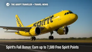 Spirit Airlines jet lifting off under clear skies, illustrating the Free Spirit bonus points promotion with a focus on budget travel savings.
