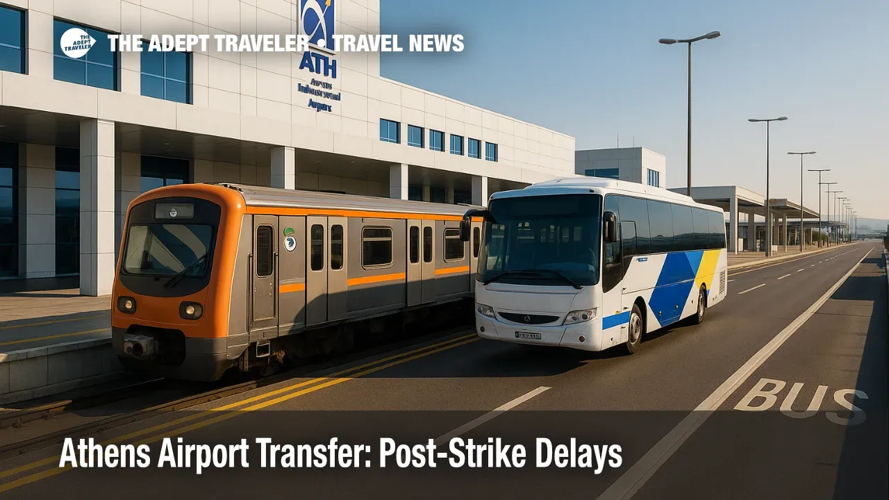 A Line 3 metro train and airport coach outside Athens International Airport, illustrating post-strike Athens airport transfer options and allowing extra time.