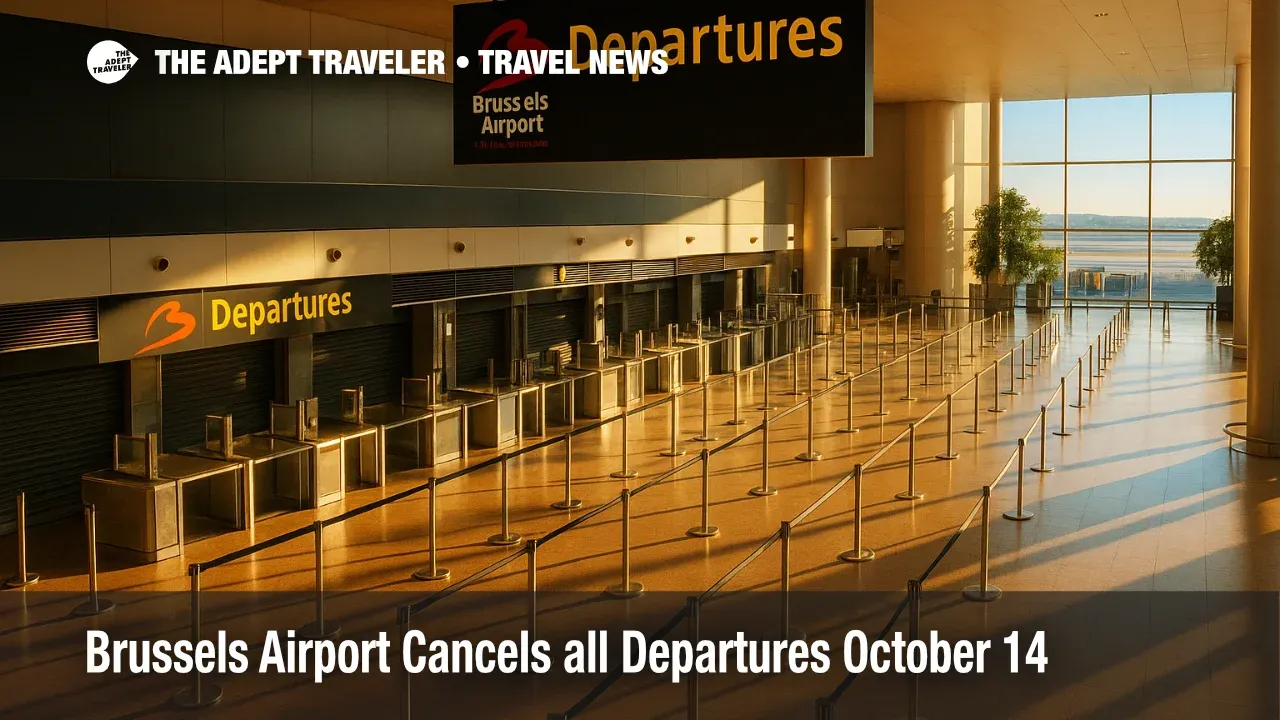 Empty Brussels Airport departures hall with closed security lanes and stanchions, illustrating the Brussels Airport strike and canceled departures on October 14.