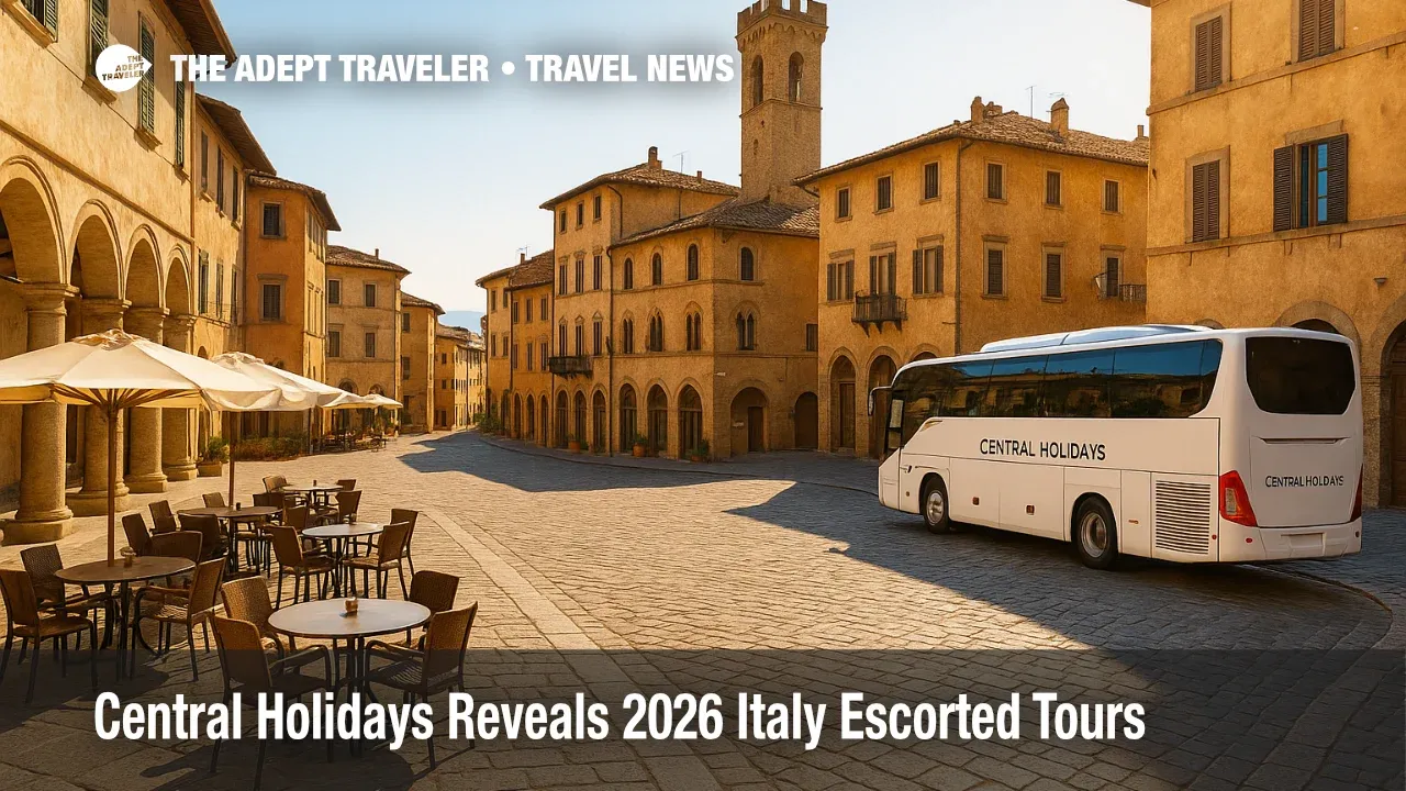 Small group Italy escorted tours pause in a sunlit hill-town piazza, showcasing affordable-luxury travel with guided experiences and café culture.