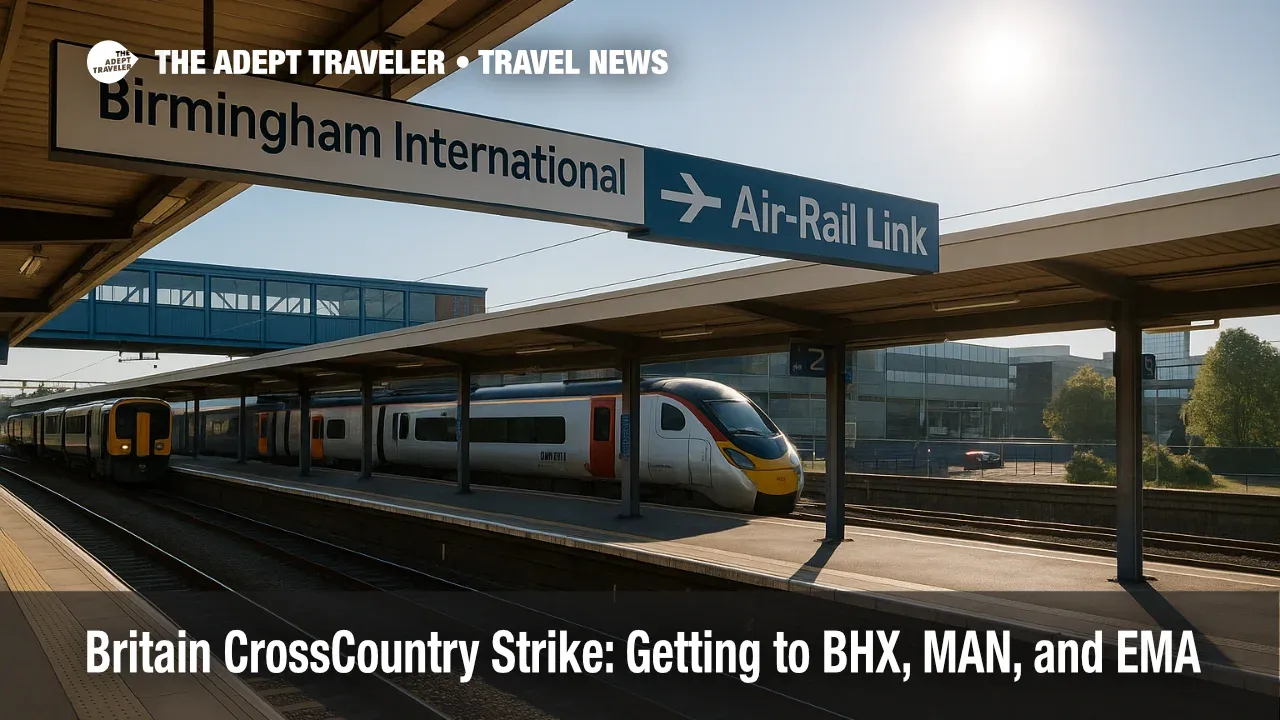 Birmingham International station with Air-Rail Link signs, illustrating CrossCountry strike airport transfer alternatives for BHX, MAN, and EMA.