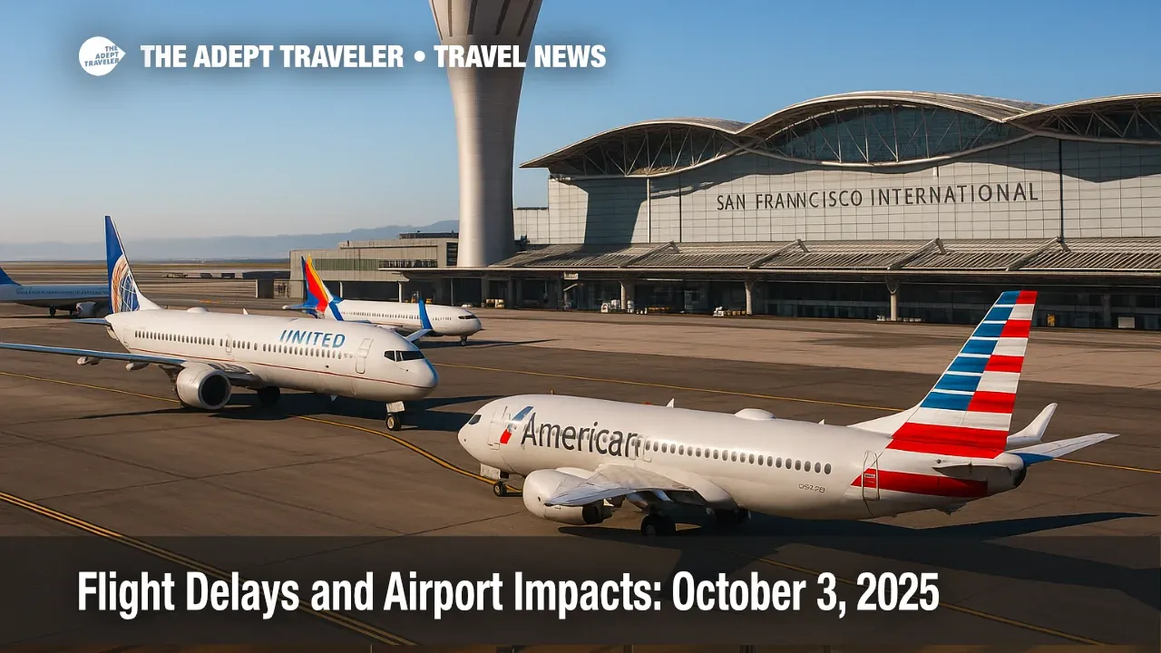 Ground view of SFO control tower and taxiing jets under low ceilings, illustrating flight delays and airport impacts expected this afternoon.