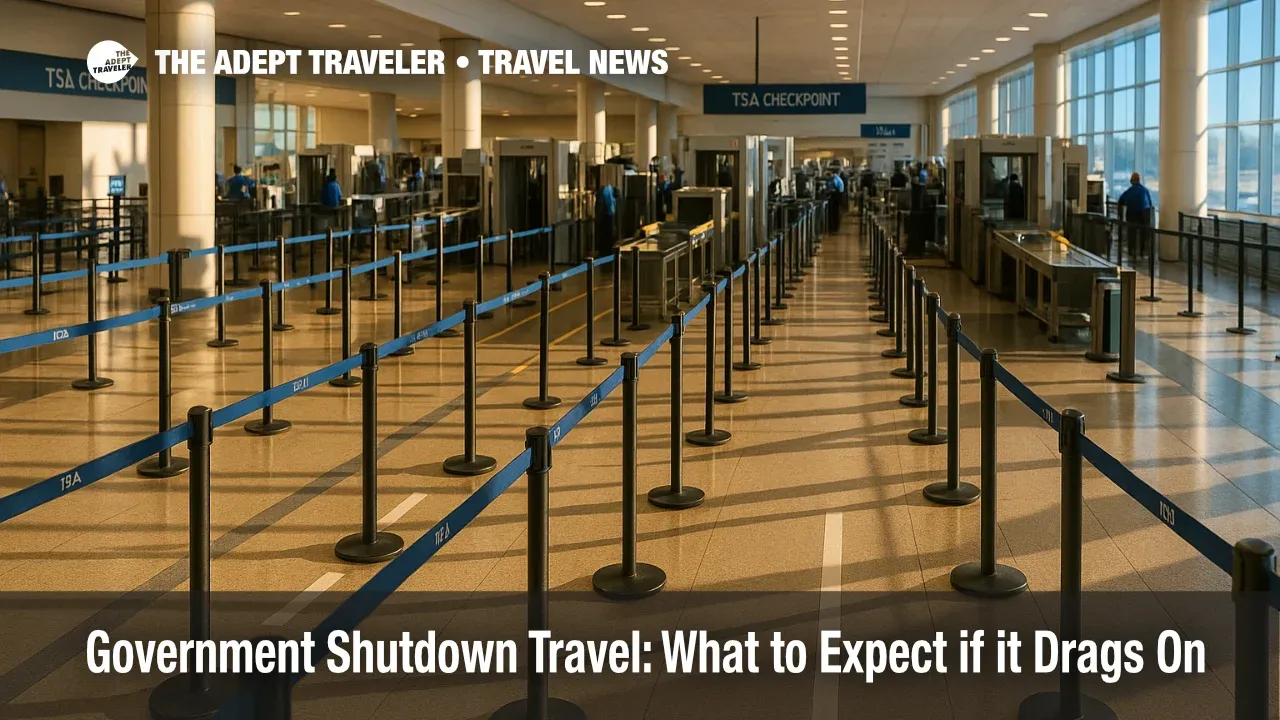 Wide view of a busy TSA checkpoint during a government shutdown, showing orderly lanes and scanners as travelers queue for screening.