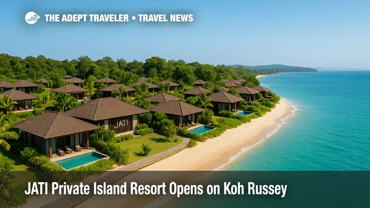 Aerial view of JATI private island resort villas on Koh Russey, with turquoise water and white-sand beach in bright late-morning light.