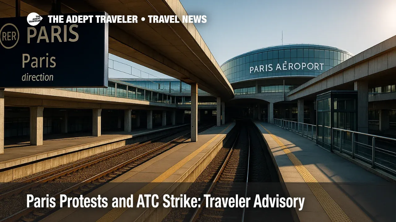 RER B platform and Paris Aéroport wayfinding at CDG during protest-related delays and the France ATC strike, with travelers planning extra transfer time.