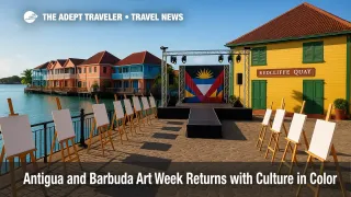 Redcliffe Quay set for Antigua and Barbuda Art Week opening night, with easels and stage lighting highlighting the islands' art and culture.