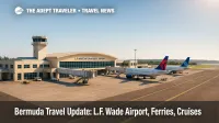 A wide airside view of L.F. Wade International Airport showing aircraft stands and clear skies during post-hurricane recovery, with ferry and cruise operations resuming.
