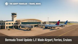 A wide airside view of L.F. Wade International Airport showing aircraft stands and clear skies during post-hurricane recovery, with ferry and cruise operations resuming.