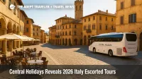 Small group Italy escorted tours pause in a sunlit hill-town piazza, showcasing affordable-luxury travel with guided experiences and café culture.