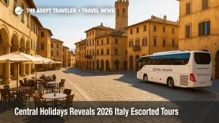 Small group Italy escorted tours pause in a sunlit hill-town piazza, showcasing affordable-luxury travel with guided experiences and café culture.