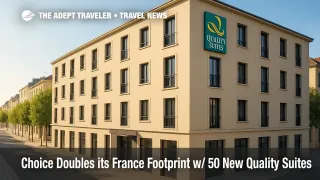 Street-level view of a Quality Suites hotel in France, illustrating the Choice Hotels France expansion and new midscale options for travelers.