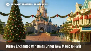 Sleeping Beauty Castle and the towering Christmas tree on Town Square sparkle for Disney Enchanted Christmas at Disneyland Paris.