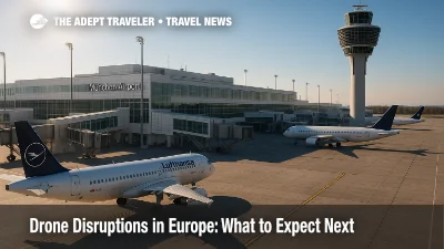 Grounded aircraft at Munich Airport during a precautionary closure linked to airport drone disruptions, with terminal and tower in clear view.
