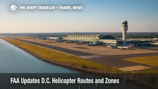 A wide view of DCA's Potomac approach and terminal, illustrating the FAA's updated D.C. helicopter routes and expanded separation buffers.