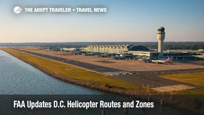 A wide view of DCA's Potomac approach and terminal, illustrating the FAA's updated D.C. helicopter routes and expanded separation buffers.