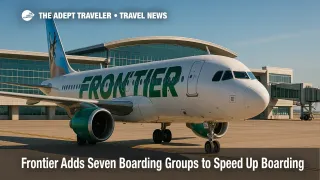 Frontier Airlines A320 parked on the tarmac in front of a modern airport terminal, highlighting Frontier Airlines boarding process.