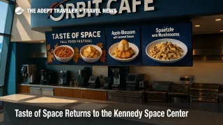 Orbit Café at Kennedy Space Center displays Taste of Space fall dishes, highlighting the ISS-inspired food festival for travelers.