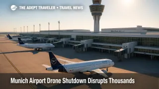 Grounded aircraft at Munich Airport with control tower in view after overnight drone sightings caused an airport closure and flight delays.