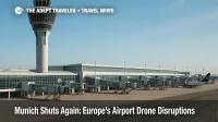 Munich Airport tower and terminal during a precautionary pause, illustrating airport drone disruptions after a second consecutive night of closures.