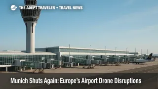 Munich Airport tower and terminal during a precautionary pause, illustrating airport drone disruptions after a second consecutive night of closures.