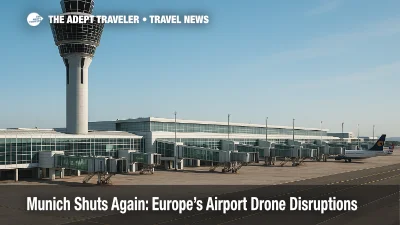 Munich Airport tower and terminal during a precautionary pause, illustrating airport drone disruptions after a second consecutive night of closures.