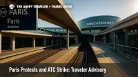 RER B platform and Paris Aéroport wayfinding at CDG during protest-related delays and the France ATC strike, with travelers planning extra transfer time.