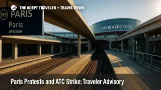 RER B platform and Paris Aéroport wayfinding at CDG during protest-related delays and the France ATC strike, with travelers planning extra transfer time.