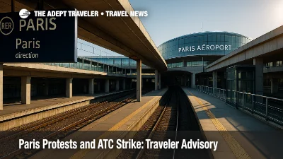 RER B platform and Paris Aéroport wayfinding at CDG during protest-related delays and the France ATC strike, with travelers planning extra transfer time.