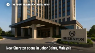 Sheraton Johor Bahru hotel entrance with porte-cochère and signage, showcasing a new Marriott Bonvoy Sheraton Johor Bahru property near the Causeway.