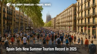 Crowded Barcelona boulevard with landmark skyline illustrating Spain tourism record and overtourism concerns during the 2025 summer high season.