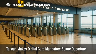 Travelers approach e-gates at Taiwan Taoyuan immigration, illustrating the new Taiwan arrival card digital requirement and streamlined entry process.